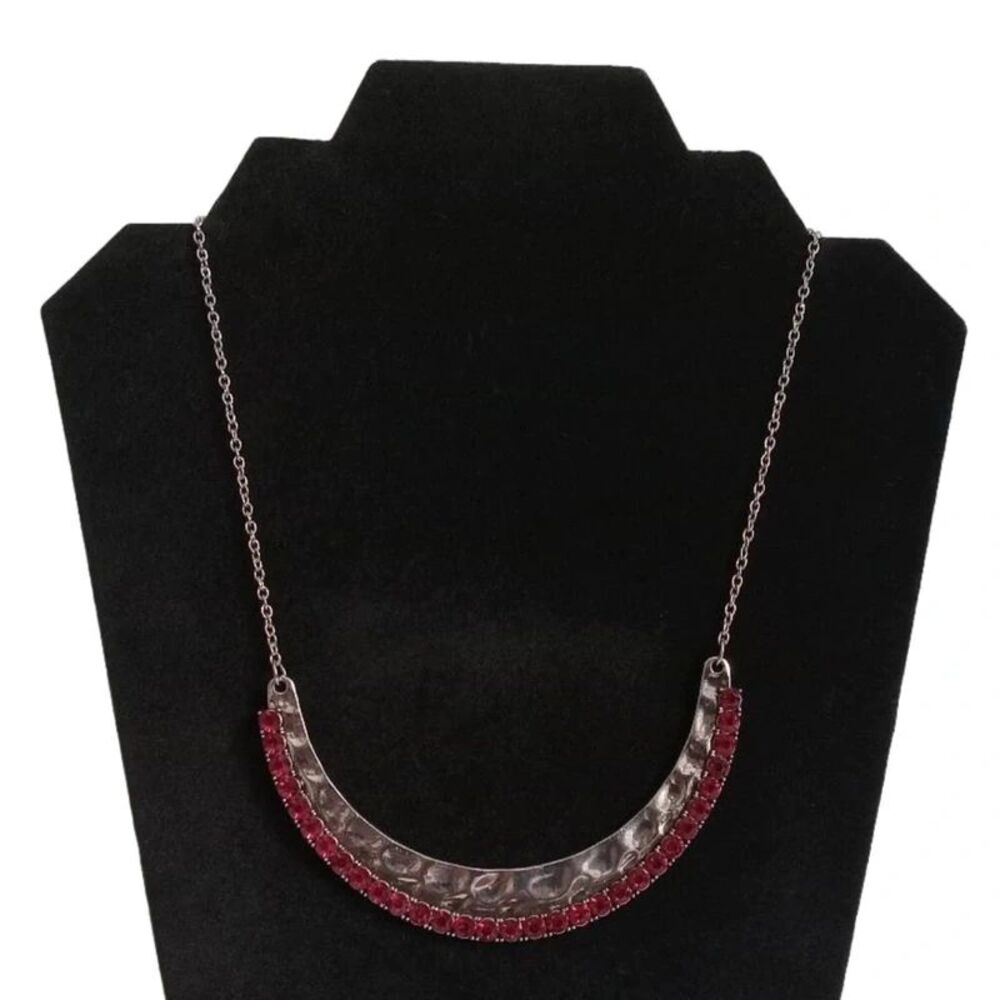 Paparazzi Silver Tone Shaped Pink Rhinestone Encrusted Crescent Pendant Necklace